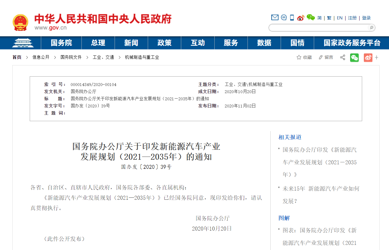 《新能源汽車產業發展規劃（2021—2035年）》