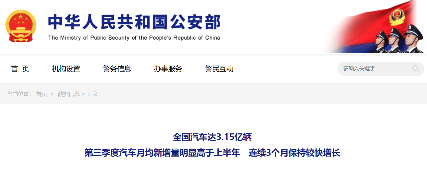 公安部：全國(guó)汽車達(dá)3.15億輛 第三季度汽車月均新增量明顯高于上半年 連續(xù)3個(gè)月保持較快增長(zhǎng)